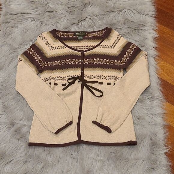 Eddie‎ bauer womens tie cream and brown sweater size medium - Picture 1 of 4